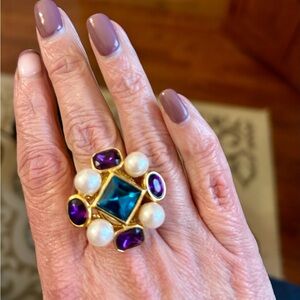Upcycled Trifari Gold and Purple Gemstone Ring